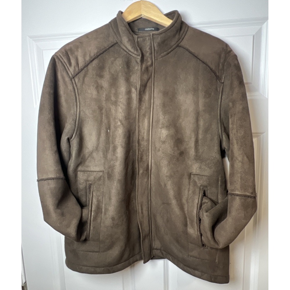 Claiborne Outerwear Mens Large Brown Faux Suede Sherpa Lined Jacket Coat Y2K